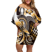 Aloha Gold Tribal Honu Tattoo Family Matching Off Shoulder Short Dress and Hawaiian Shirt