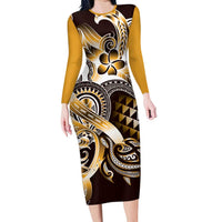 Aloha Gold Tribal Honu Tattoo Long Sleeve Bodycon Dress LT9 Long Dress Gold - Polynesian Pride