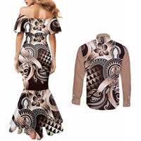 Aloha Mocha Mousse Tribal Honu Tattoo Couples Matching Mermaid Dress and Long Sleeve Button Shirt LT9 - Polynesian Pride