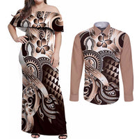 Aloha Mocha Mousse Tribal Honu Tattoo Couples Matching Off Shoulder Maxi Dress and Long Sleeve Button Shirt LT9 Mocha Mousse - Polynesian Pride