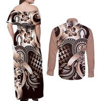 Aloha Mocha Mousse Tribal Honu Tattoo Couples Matching Off Shoulder Maxi Dress and Long Sleeve Button Shirt LT9 - Polynesian Pride