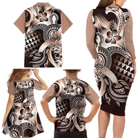 Aloha Mocha Mousse Tribal Honu Tattoo Family Matching Long Sleeve Bodycon Dress and Hawaiian Shirt