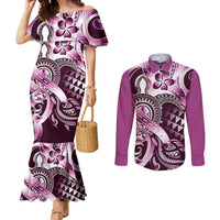 Aloha Pink Tribal Honu Tattoo Couples Matching Mermaid Dress and Long Sleeve Button Shirt LT9 Pink - Polynesian Pride