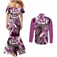 Aloha Pink Tribal Honu Tattoo Couples Matching Mermaid Dress and Long Sleeve Button Shirt LT9 - Polynesian Pride