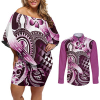 Aloha Pink Tribal Honu Tattoo Couples Matching Off Shoulder Short Dress and Long Sleeve Button Shirt LT9 Pink - Polynesian Pride