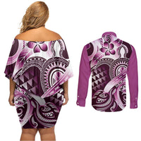 Aloha Pink Tribal Honu Tattoo Couples Matching Off Shoulder Short Dress and Long Sleeve Button Shirt LT9 - Polynesian Pride