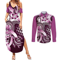 Aloha Pink Tribal Honu Tattoo Couples Matching Summer Maxi Dress and Long Sleeve Button Shirt LT9 Pink - Polynesian Pride