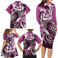 Aloha Pink Tribal Honu Tattoo Family Matching Long Sleeve Bodycon Dress and Hawaiian Shirt