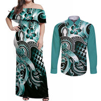 Aloha Turquoise Tribal Honu Tattoo Couples Matching Off Shoulder Maxi Dress and Long Sleeve Button Shirt LT9 Turquoise - Polynesian Pride