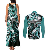 Aloha Turquoise Tribal Honu Tattoo Couples Matching Tank Maxi Dress and Long Sleeve Button Shirt LT9 - Polynesian Pride
