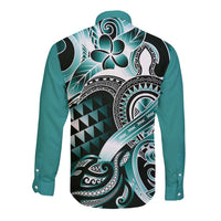 Aloha Turquoise Tribal Honu Tattoo Long Sleeve Button Shirt