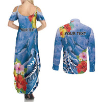 Personalised Yap States Humpback Whale Couples Matching Summer Maxi Dress and Long Sleeve Button Shirt Polynesian Tropical Flowers
