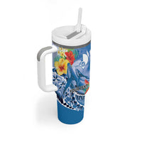 Personalised Yap States Humpback Whale Tumbler With Handle Polynesian Tropical Flowers