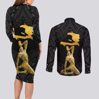 Haitian Negre Marron 1804 Couples Matching Long Sleeve Bodycon Dress and Long Sleeve Button Shirt Black Polynesian Pattern LT9 - Polynesian Pride