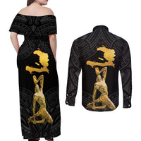 Haitian Negre Marron 1804 Couples Matching Off Shoulder Maxi Dress and Long Sleeve Button Shirt Black Polynesian Pattern LT9 - Polynesian Pride