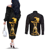 Haitian Negre Marron 1804 Couples Matching Off The Shoulder Long Sleeve Dress and Long Sleeve Button Shirt Black Polynesian Pattern LT9 - Polynesian Pride