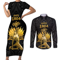 Haitian Negre Marron 1804 Couples Matching Short Sleeve Bodycon Dress and Long Sleeve Button Shirt Black Polynesian Pattern LT9 Black - Polynesian Pride