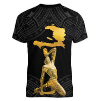 Haitian Negre Marron 1804 Women V-Neck T-Shirt Black Polynesian Pattern LT9 - Polynesian Pride