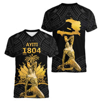 Haitian Negre Marron 1804 Women V-Neck T-Shirt Black Polynesian Pattern LT9 - Polynesian Pride