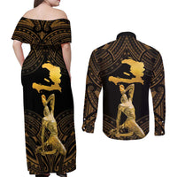 Haitian Negre Marron 1804 Couples Matching Off Shoulder Maxi Dress and Long Sleeve Button Shirt Gold Polynesian Pattern LT9 - Polynesian Pride