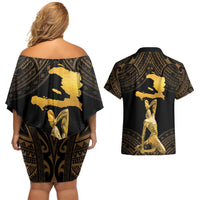 Haitian Negre Marron 1804 Couples Matching Off Shoulder Short Dress and Hawaiian Shirt Gold Polynesian Pattern LT9 - Polynesian Pride