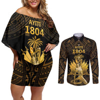 Haitian Negre Marron 1804 Couples Matching Off Shoulder Short Dress and Long Sleeve Button Shirt Gold Polynesian Pattern LT9 Gold - Polynesian Pride