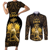 Haitian Negre Marron 1804 Couples Matching Short Sleeve Bodycon Dress and Long Sleeve Button Shirt Gold Polynesian Pattern LT9 Gold - Polynesian Pride