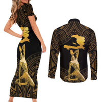 Haitian Negre Marron 1804 Couples Matching Short Sleeve Bodycon Dress and Long Sleeve Button Shirt Gold Polynesian Pattern LT9 - Polynesian Pride