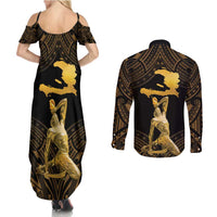 Haitian Negre Marron 1804 Couples Matching Summer Maxi Dress and Long Sleeve Button Shirt Gold Polynesian Pattern LT9 - Polynesian Pride