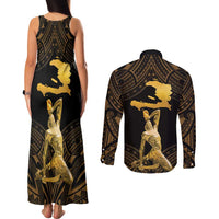 Haitian Negre Marron 1804 Couples Matching Tank Maxi Dress and Long Sleeve Button Shirt Gold Polynesian Pattern LT9 - Polynesian Pride