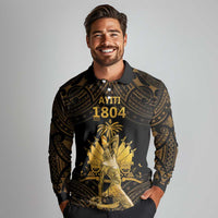 Haitian Negre Marron 1804 Long Sleeve Polo Shirt Gold Polynesian Pattern