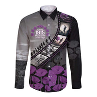 Personalised Remembering ANZAC Lest We Forget Long Sleeve Button Shirt Vintage Film Frame Memorial Purple Poppy LT9 Unisex Purple - Polynesian Pride