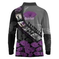 Personalised Remembering ANZAC Lest We Forget Long Sleeve Polo Shirt Vintage Film Frame Memorial Purple Poppy LT9 - Polynesian Pride