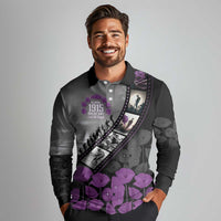 Personalised Remembering ANZAC Lest We Forget Long Sleeve Polo Shirt Vintage Film Frame Memorial Purple Poppy LT9 - Polynesian Pride