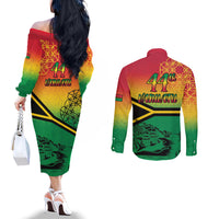 Hapi 44th Indipendens Dei Vanuatu Couples Matching Off The Shoulder Long Sleeve Dress and Long Sleeve Button Shirt Yumi 1980 with Vanuatuan Beach Landscape