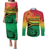 Hapi 44th Indipendens Dei Vanuatu Couples Matching Puletasi and Long Sleeve Button Shirt Yumi 1980 with Vanuatuan Beach Landscape LT9 Reggae - Polynesian Pride