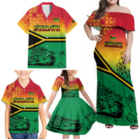 Hapi 44th Indipendens Dei Vanuatu Family Matching Off Shoulder Maxi Dress and Hawaiian Shirt Yumi 1980 with Vanuatuan Beach Landscape