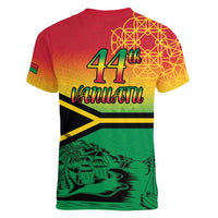 Hapi 44th Indipendens Dei Vanuatu Women V Neck T Shirt Yumi 1980 with Vanuatuan Beach Landscape