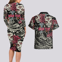 Personalized Japanese Kitsune Mask Couples Matching Long Sleeve Bodycon Dress and Hawaiian Shirt With Polynesian Arty Style LT9 - Polynesian Pride