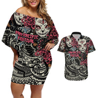 Personalized Japanese Kitsune Mask Couples Matching Off Shoulder Short Dress and Hawaiian Shirt With Polynesian Arty Style LT9 Black - Polynesian Pride