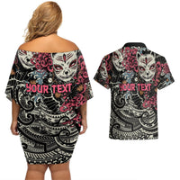 Personalized Japanese Kitsune Mask Couples Matching Off Shoulder Short Dress and Hawaiian Shirt With Polynesian Arty Style LT9 - Polynesian Pride