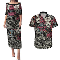 Personalized Japanese Kitsune Mask Couples Matching Puletasi and Hawaiian Shirt With Polynesian Arty Style LT9 Black - Polynesian Pride
