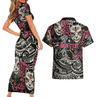 Personalized Japanese Kitsune Mask Couples Matching Short Sleeve Bodycon Dress and Hawaiian Shirt With Polynesian Arty Style LT9 - Polynesian Pride