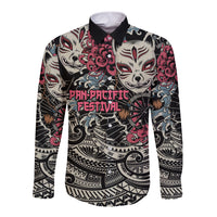 Personalized Japanese Kitsune Mask Long Sleeve Button Shirt With Polynesian Arty Style