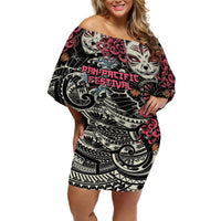 Personalized Japanese Kitsune Mask Off Shoulder Short Dress With Polynesian Arty Style LT9 Women Black - Polynesian Pride