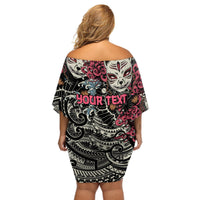 Personalized Japanese Kitsune Mask Off Shoulder Short Dress With Polynesian Arty Style LT9 - Polynesian Pride