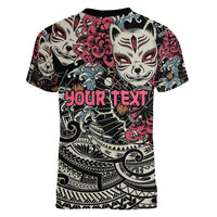 Personalized Japanese Kitsune Mask Women V-Neck T-Shirt With Polynesian Arty Style