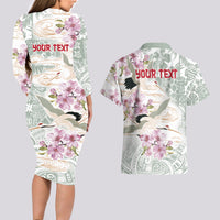 Personalized Japanese Shirasagi Bird Couples Matching Long Sleeve Bodycon Dress and Hawaiian Shirt Sakura and Hibiscus Polynesian Pattern