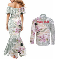 Personalized Japanese Shirasagi Bird Couples Matching Mermaid Dress and Long Sleeve Button Shirt Sakura and Hibiscus Polynesian Pattern LT9 - Polynesian Pride