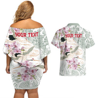 Personalized Japanese Shirasagi Bird Couples Matching Off Shoulder Short Dress and Hawaiian Shirt Sakura and Hibiscus Polynesian Pattern